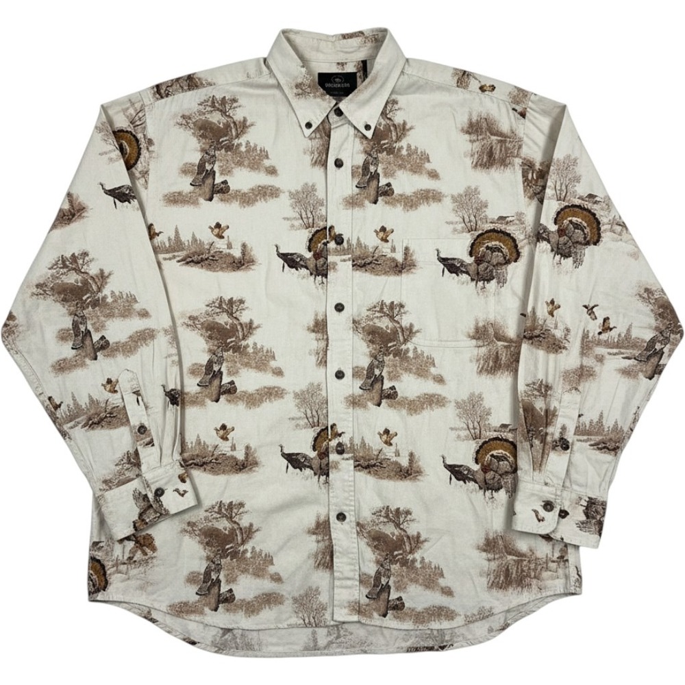 RedHead Mens 3X Thanksgiving Fall Turkey Owl Print ButtonUp Shirt Cream Long Slv